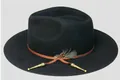 Detalle de sombrero fedora negro de lana con cordón de cuero y adorno de pluma - Negro