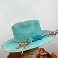 Cappello fedora vintage in lana turchese con nastro intrecciato e decori floreali - L (58-60cm) / Celeste