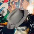 Classic grey wool wide-brim cowboy hat with decorative ribbon and metal buckle - Gray