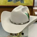 Light gray wool felt cowboy hat with decorative silver studs and colorful feather accent - Light Gray