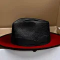 Classic black straw fedora hat with a red underside and a ribbon bow decoration - Black Ribbon Bow Style / Black + Red