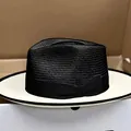 Contrast panama fedora hat with black straw crown and white brim in a storage box - Black Ribbon Bow Style / Black + White