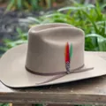 Khaki wollen vilten cowboyhoed met leren band en gekleurde veer op houten bank - Khaki
