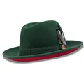 Dark green wool fedora hat with elegant feather detail and wine red brim underside - Dark Green