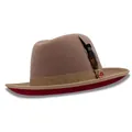 Khaki and red contrast wool felt fedora hat with grosgrain ribbon and feather accent - Camel