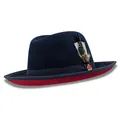 Navy wool fedora hat with red brim underside, grosgrain ribbon and feather detail - Black