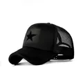 Black star trucker hat with breathable mesh and adjustable snapback in a 45-degree view - Adult 56-60cm Adjustable / Black