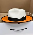 Panama style wide brim straw hat in white and orange with a black ribbon bow - Black Ribbon Bow Style / White and Orange