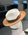 Two-tone wool felt and straw fedora hat in white and camel with brown ribbon bow - Dark Brown Ribbon Bow Style / White And Camel