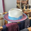 Straw fedora hat in white and blue with a purple brim and light blue ribbon bow - Sky Blue Ribbon Bow Style / Cream + Pink