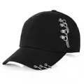 Black baseball cap with silver rings and chain accent, stylish punk sun hat on white background - M (56-58cm) / Metal Rings and Chain Style / Black