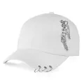 White punk baseball cap with silver metal rings and hanging chains for street fashion - M (56-58cm) / Metal Rings and Chain Style / White