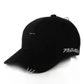 Close-up of black cotton baseball cap with silver metal rings and side embroidery - M (56-58cm) / Japanese Embroidery Style / Black