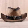 Western straw cowboy hat with gradient finish, ethnic band and silver bull skull accessory - M (56-58cm) / Gradient Brown