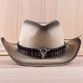 Gradient straw cowboy hat with western bull skull accessory and ethnic band - M (56-58cm) / Beige Brown Gradient