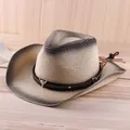 Western straw cowboy hat with gradient khaki finish and silver bull head metal ornament - K02