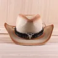Retro western cowboy straw hat with gradient brim and silver bull head accessory - M (56-58cm) / Natural Wood Gradient