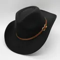 Detail of wool fedora featuring a brown leather band and gold buckle on a black felt hat - M / Black