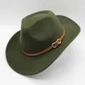 Detail view of dark green wool felt cowboy hat with brown belt and gold infinity buckle - M (56-58cm) / Army Green