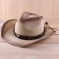Western straw cowboy hat with ethnic style bull horn belt and adjustable chin strap - K01
