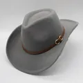 Close-up of grey wool felt fedora featuring a brown leather belt and gold buckle detail - M (56-58cm) / Gray