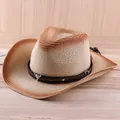 Western straw cowboy hat with bull head badge and gradient weave design on wood background - Brown Gradient Bull Head Decor (K03)