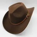 Detail of dark brown wool felt cowboy hat with slim leather band and gold double buckle - M (56-58cm) / Coffee