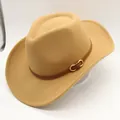 Detailed macro view of camel wool fedora hat with brown leather belt and gold buckle - M (56-58cm) / Camel