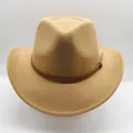 Detail of khaki felt fedora featuring a slim brown leather strap and metal buckle accent - M (56-58cm) / Beige