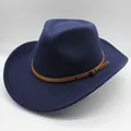 Detail of navy wool felt fedora with brown leather strap and bronze buckle closure - M (56-58cm) / Navy Blue