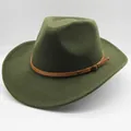 Classic wide brim olive wool fedora hat with brown leather belt and metallic buckle - M (56-58cm) / Army Green