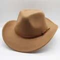 Klassischer khaki Wollfilz Cowboyhut mit breiter Krempe und braunem Lederband im Vintage Stil - M (56-58cm) / Khaki