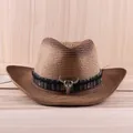 Brown vintage cowboy straw hat with ethnic band and silver bull skull accessory - M (56-58cm) / Dark Brown