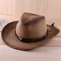 Brown western straw cowboy hat featuring a leather band with metal bull head emblem - K05