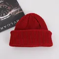 Thick deep red ribbed knit beanie hat for winter warmth with stylish folded brim - Adult / Burgundy