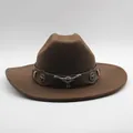 Chapeau de cowboy western marron foncé avec tête de taureau argentée et bandeau cuir - M (56-58cm) / café