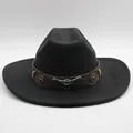 Chapeau de cowboy en feutre noir classique avec boucle tête de taureau et cuir - M (56-58cm) / Noir