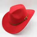 Classic red wool felt fedora cowboy hat with brown faux leather belt and metal buckle - M / Red