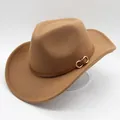 Camel wool felt fedora cowboy hat with brown leather belt and gold buckle accent - M / Khaki