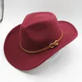 Classic wine red wool felt fedora featuring a brown leather band and gold buckle - M / Burgundy