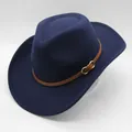 Navy blue wool fedora hat with brown leather belt strap and vintage metal buckle detail - M (56-58cm) / Navy Blue