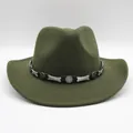 Chapeau de cowboy vert foncé en feutre de laine avec ceinture cuir et ornements d'étoiles - M(56-58cm) / Vert Militaire
