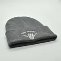 Close-up of Stay Spooky embroidery and skeleton hand on gray knit beanie cap - M (56-58cm) / Gray