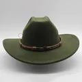 Dark green wool felt cowboy hat with vintage ethnic style woven decorative band - M (56-58cm) / Army Green