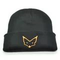 Bonnet en tricot noir avec broderie renard orange et revers pour la chaleur d'hiver - M (56-58cm) / Noir
