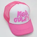 Detailed view of pink and white mesh trucker hat with 3D Mea Culpa puff lettering - Rose Pink