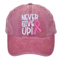 Pink washed cotton baseball cap with NEVER GIVE UP embroidery and pink ribbon icon - Adult 56-60cm / Burgundy