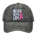 Vintage washed charcoal baseball cap with pink ribbon embroidery and Never Give Up text - Adult 56-60cm / Black