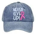 Washed blue denim baseball cap featuring Never Give Up embroidery and pink ribbon logo - Adult 56-60cm / Navy Blue