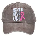 Washed cotton baseball cap with Never Give Up pink ribbon embroidery in vintage brown - Adult 56-60cm / Coffee